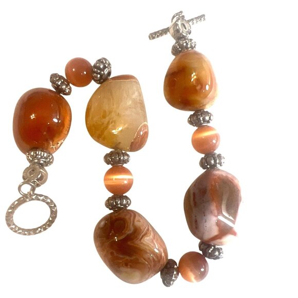 Chunky Bracelet Faceted Carnelian Agate  Silver Tone Beaded Toggle Clasp Earthy - Picture 1 of 4
